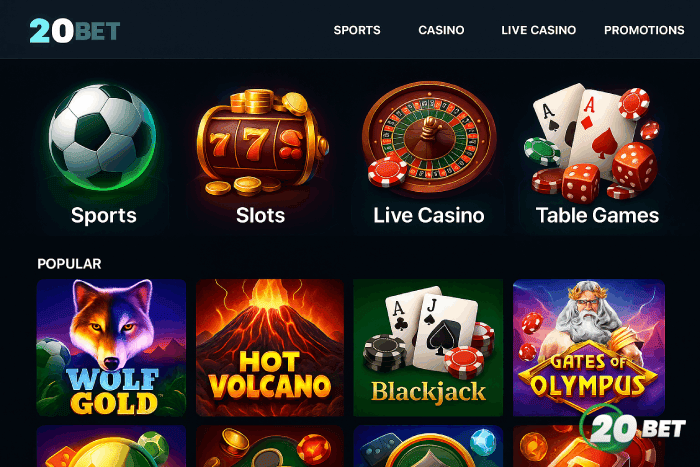 Jogos e bônus no Cassino 20BET